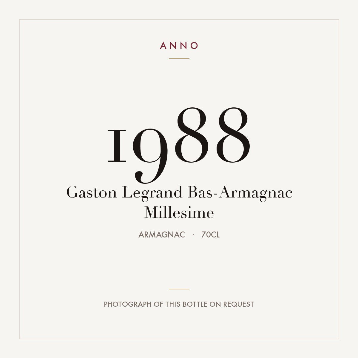 Gaston Legrand Bas-Armagnac Millesime 1988 0,7l from Armagnac — ANNO vintage card; photograph of the actual bottle available on request