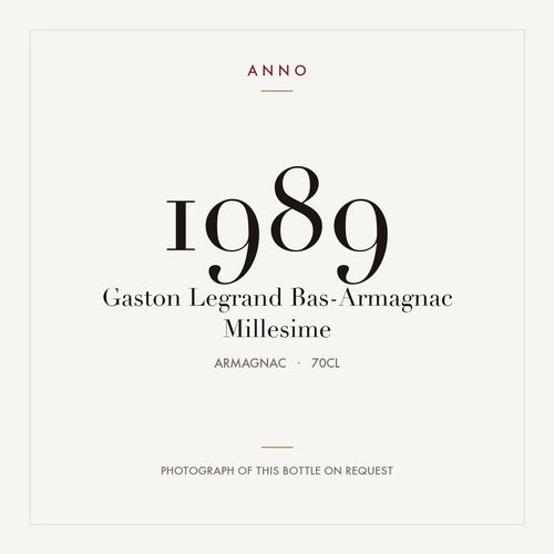 Gaston Legrand Bas-Armagnac Millesime 1989 0,7l from Armagnac — ANNO vintage card; photograph of the actual bottle available on request