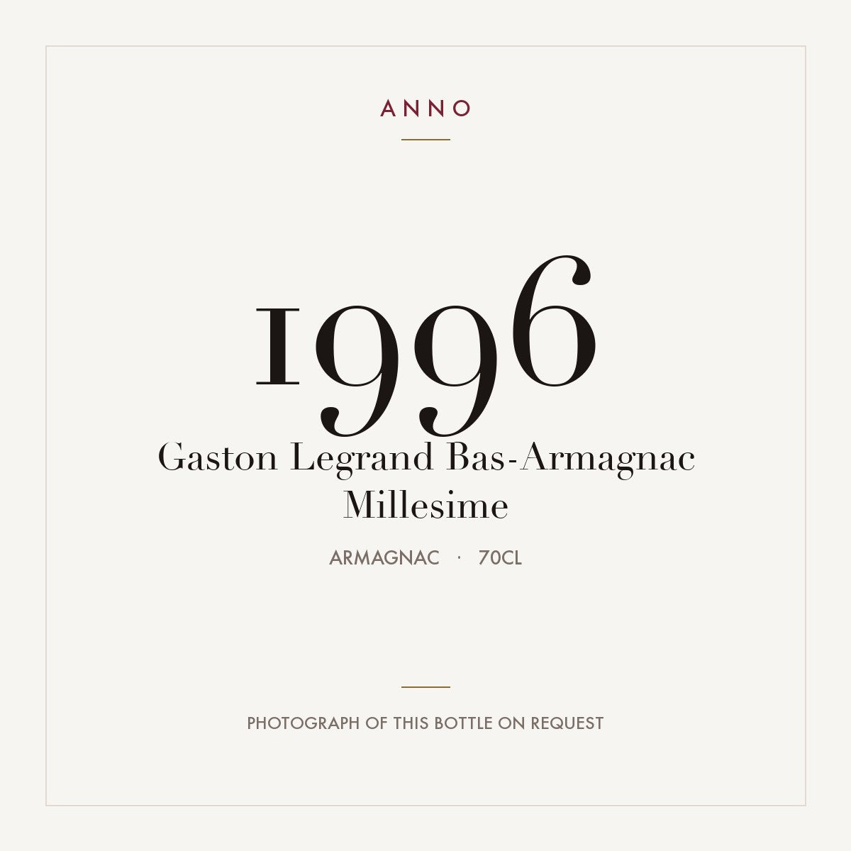 Gaston Legrand Bas-Armagnac Millesime 1996 0,7l from Armagnac — ANNO vintage card; photograph of the actual bottle available on request
