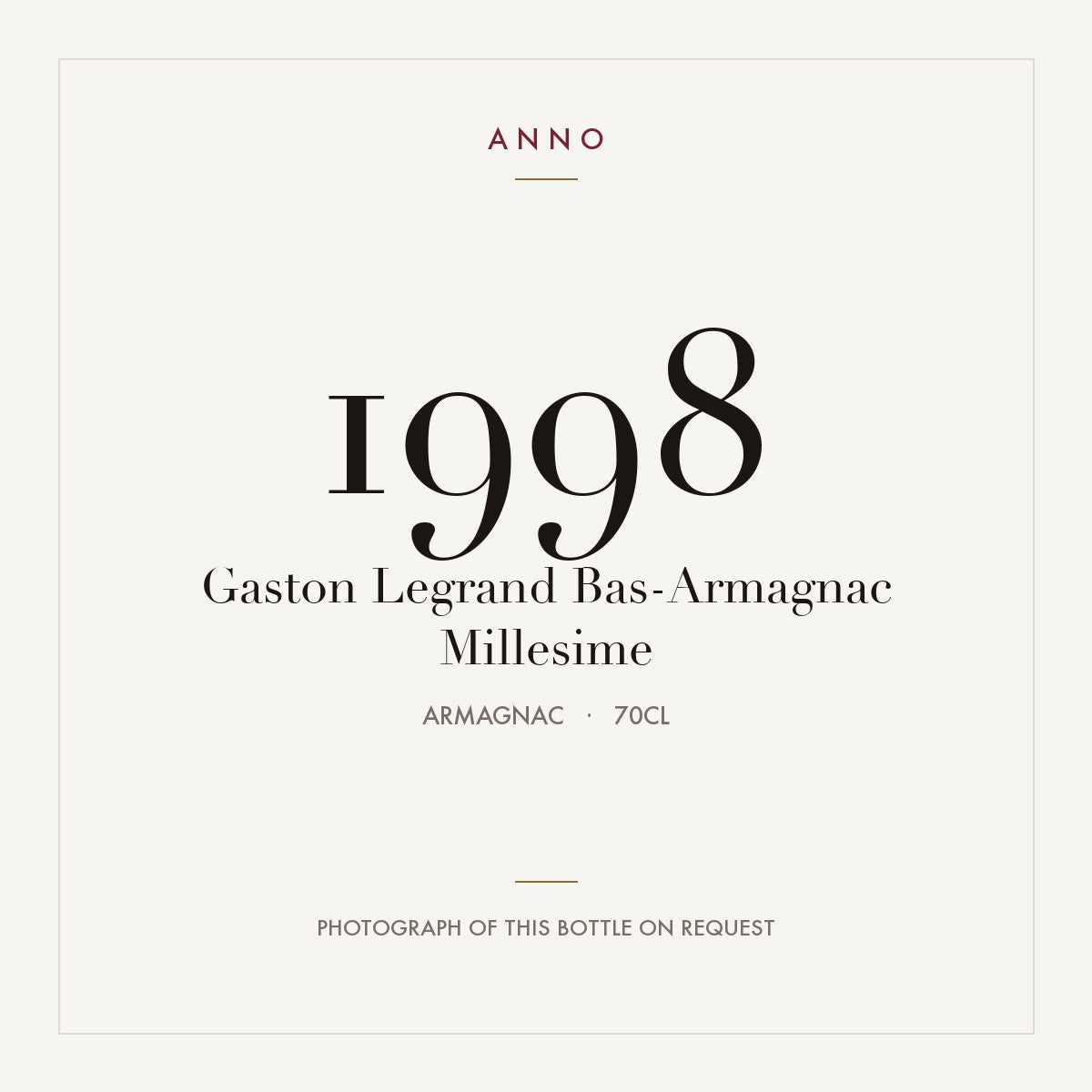 Gaston Legrand Bas-Armagnac Millesime 1998 0,7l from Armagnac — ANNO vintage card; photograph of the actual bottle available on request