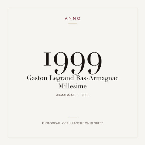 Gaston Legrand Bas-Armagnac Millesime 1999 0,7l from Armagnac — ANNO vintage card; photograph of the actual bottle available on request