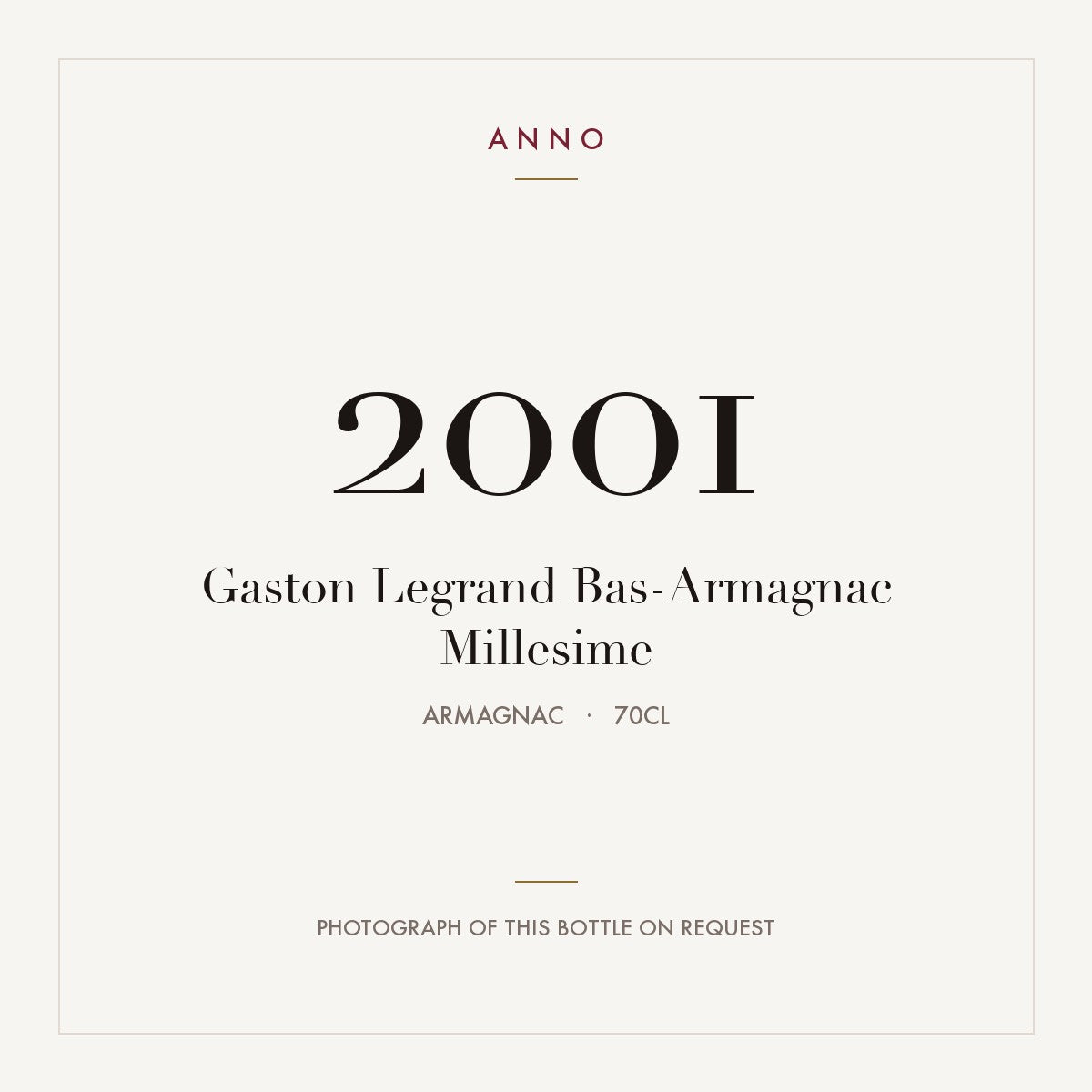 Gaston Legrand Bas-Armagnac Millesime 2001 0,7l from Armagnac — ANNO vintage card; photograph of the actual bottle available on request