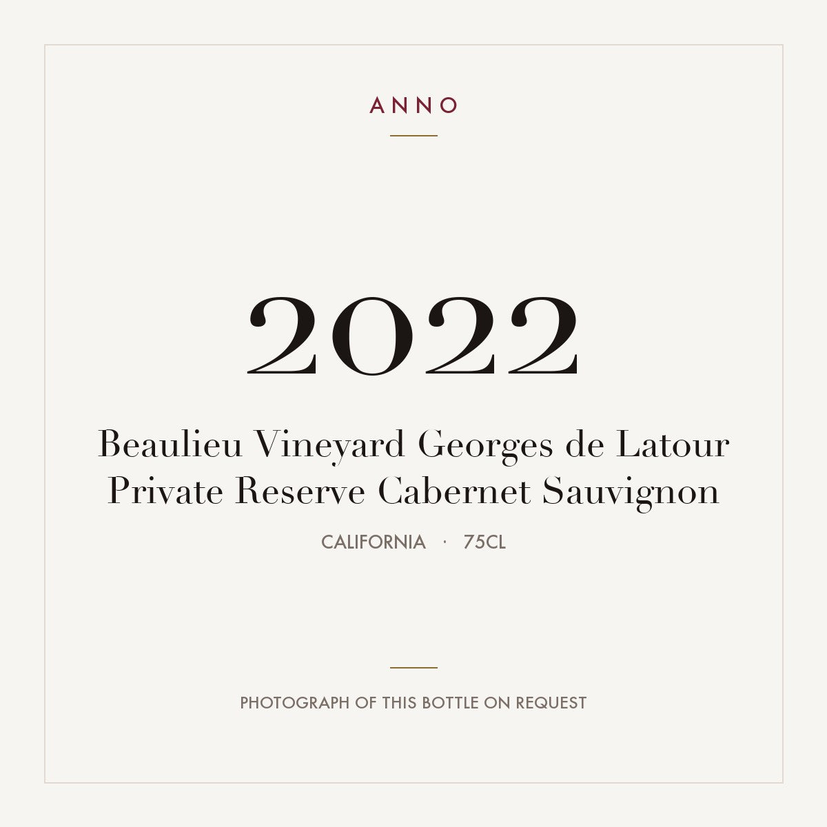 Beaulieu Vineyard Georges de Latour Private Reserve Cabernet Sauvignon 2022 0,75l from California — ANNO vintage card; photograph of the actual bottle available on request