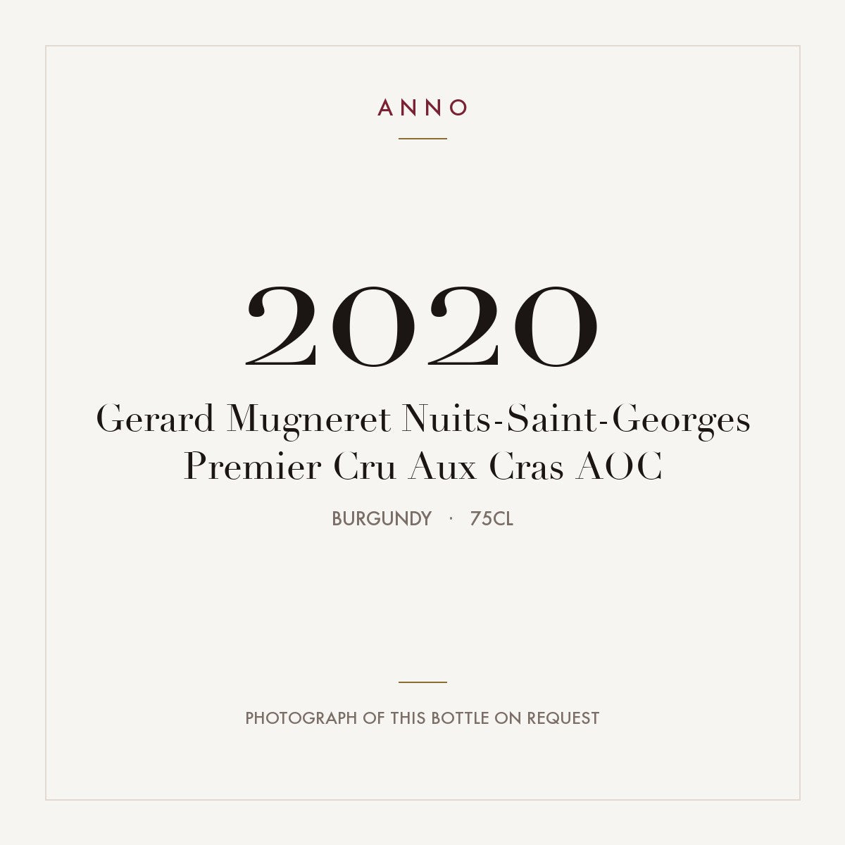 Gerard Mugneret Nuits-Saint-Georges Premier Cru Aux Cras 2020 AOC 0,75l, Borgonha — cartão de colheita ANNO; fotografia da garrafa real disponível a pedido