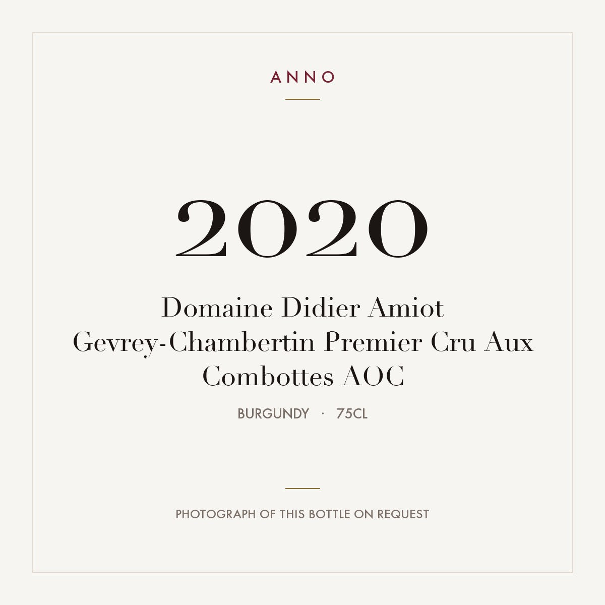 Domaine Didier Amiot Gevrey-Chambertin Premier Cru Aux Combottes 2020 AOC 0,75l from Burgundy — ANNO vintage card; photograph of the actual bottle available on request