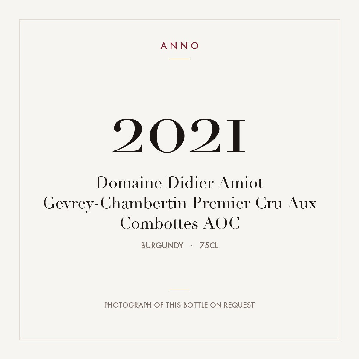 Domaine Didier Amiot Gevrey-Chambertin Premier Cru Aux Combottes 2021 AOC 0,75l from Burgundy — ANNO vintage card; photograph of the actual bottle available on request
