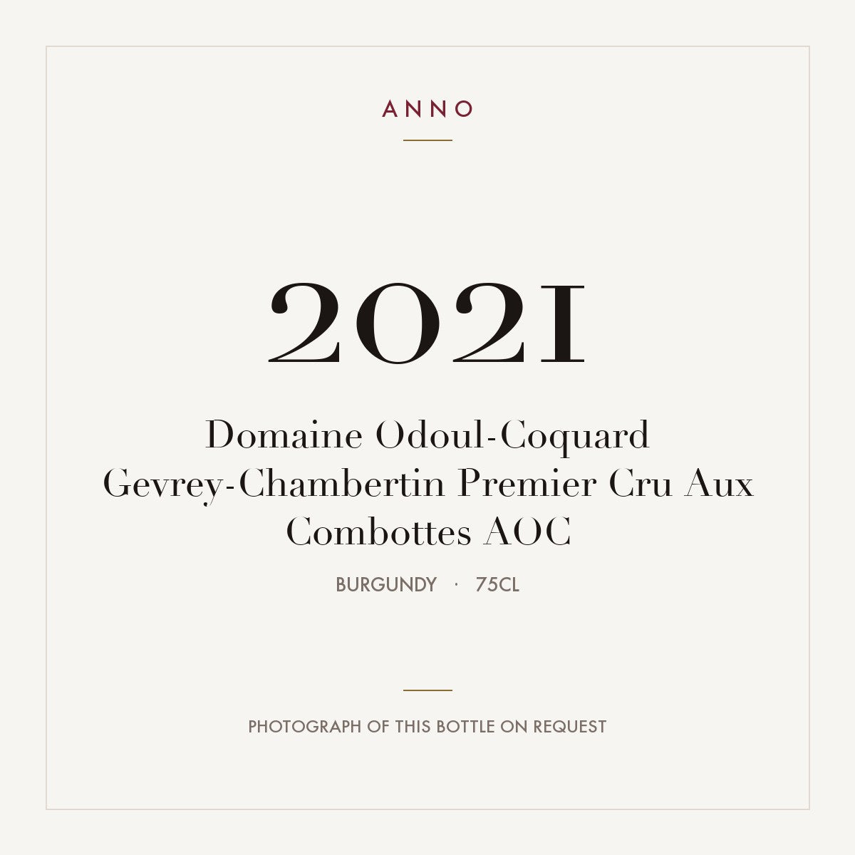 Domaine Odoul-Coquard Gevrey-Chambertin Premier Cru Aux Combottes 2021 AOC 0,75l from Burgundy — ANNO vintage card; photograph of the actual bottle available on request