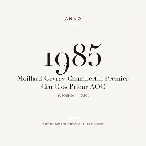 Moillard Gevrey-Chambertin Premier Cru Clos Prieur 1985 AOC 0,75l from Burgundy — ANNO vintage card; photograph of the actual bottle available on request