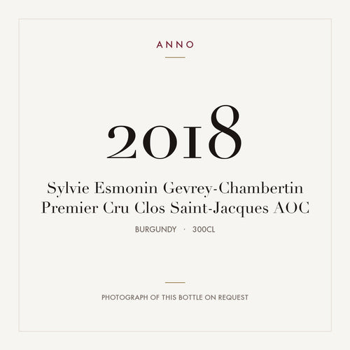 Sylvie Esmonin Gevrey-Chambertin Premier Cru Clos Saint-Jacques 2018 AOC 3l from Burgundy — ANNO vintage card; photograph of the actual bottle available on request