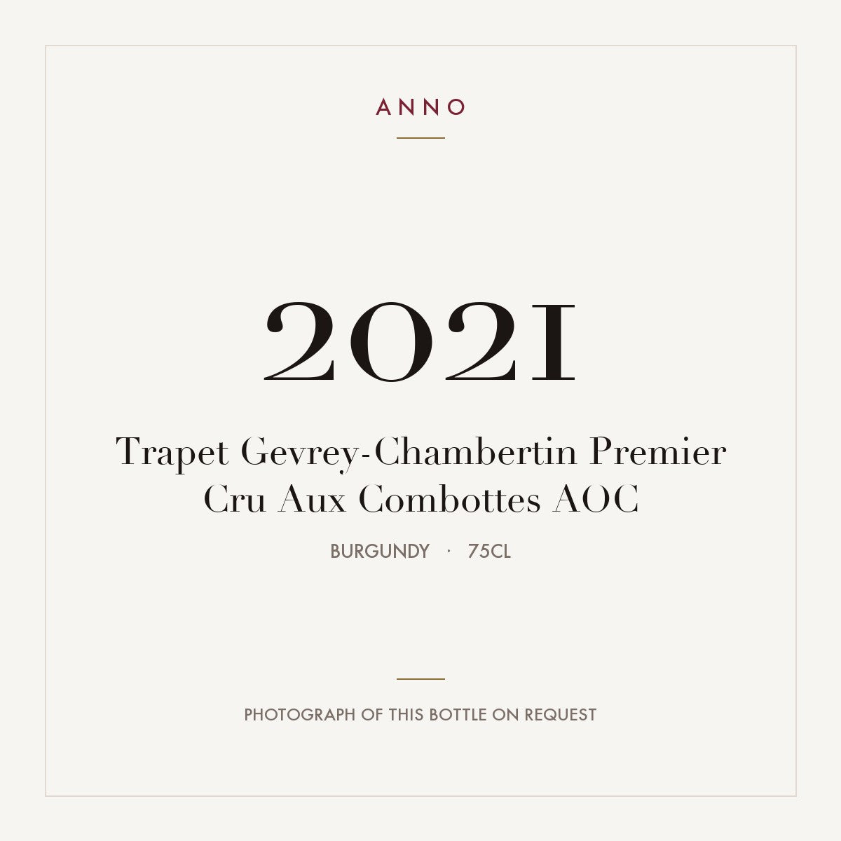 Trapet Gevrey-Chambertin Premier Cru Aux Combottes 2021 AOC 0,75l from Burgundy — ANNO vintage card; photograph of the actual bottle available on request