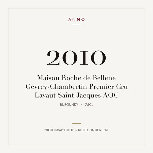 Maison Roche de Bellene Gevrey-Chambertin Premier Cru Lavaut Saint-Jacques 2010 AOC 0,75l from Burgundy — ANNO vintage card; photograph of the actual bottle available on request