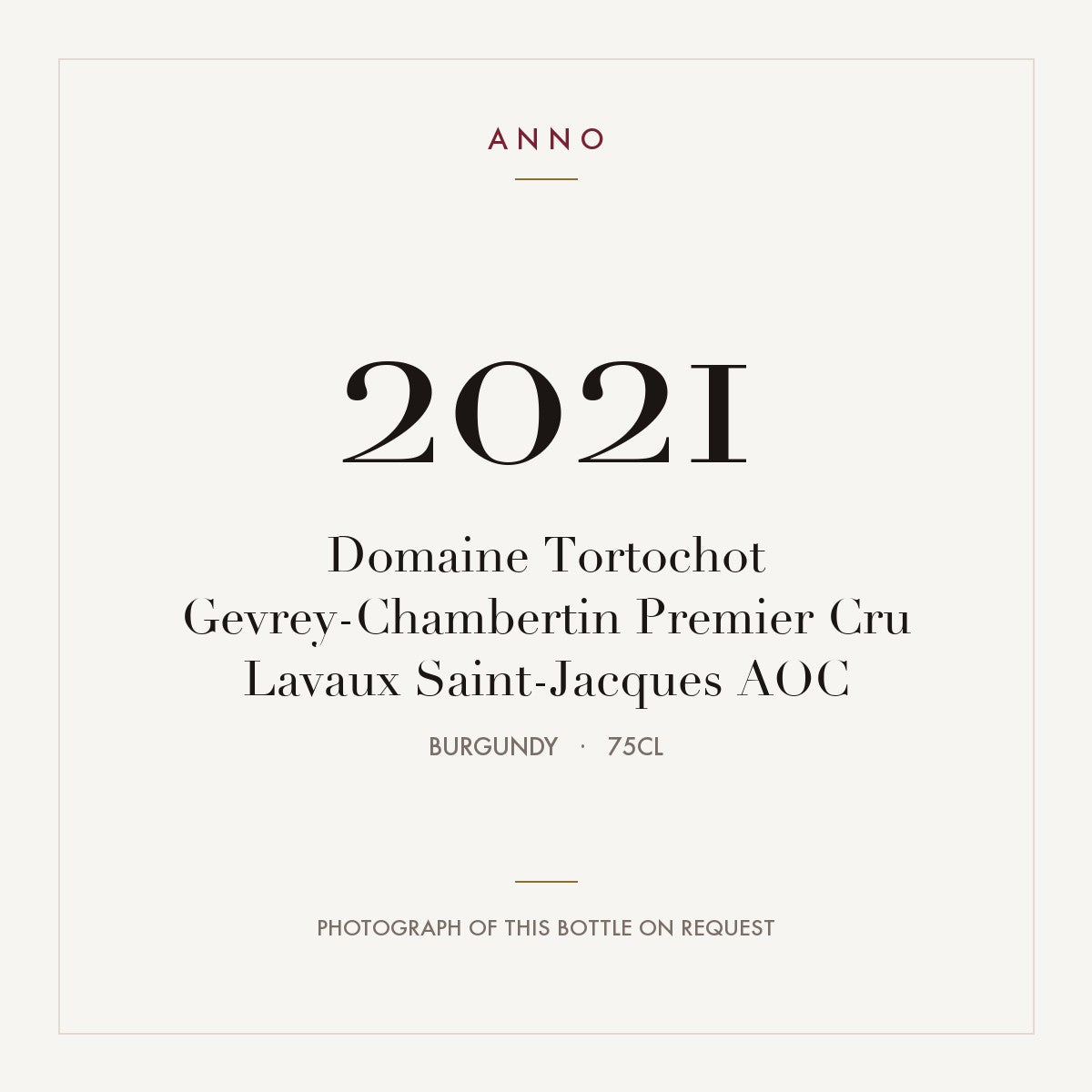 Domaine Tortochot Gevrey-Chambertin Premier Cru Lavaux Saint-Jacques 2021 AOC 0,75l from Burgundy — ANNO vintage card; photograph of the actual bottle available on request