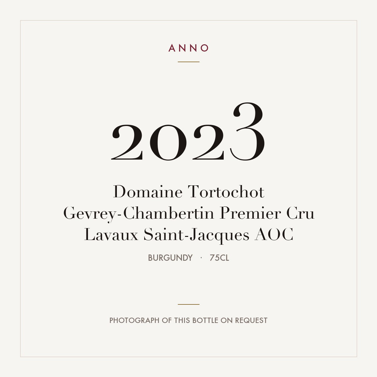 Domaine Tortochot Gevrey-Chambertin Premier Cru Lavaux Saint-Jacques 2023 AOC 0,75l from Burgundy — ANNO vintage card; photograph of the actual bottle available on request