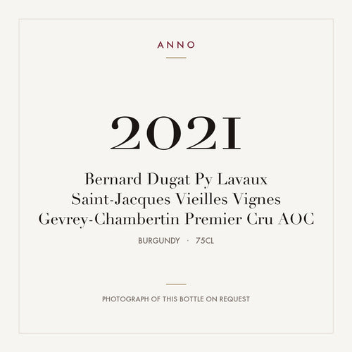 Bernard Dugat Py Lavaux Saint-Jacques Vieilles Vignes Gevrey-Chambertin Premier Cru 2021 AOC 0,75l from Burgundy — ANNO vintage card; photograph of the actual bottle available on request