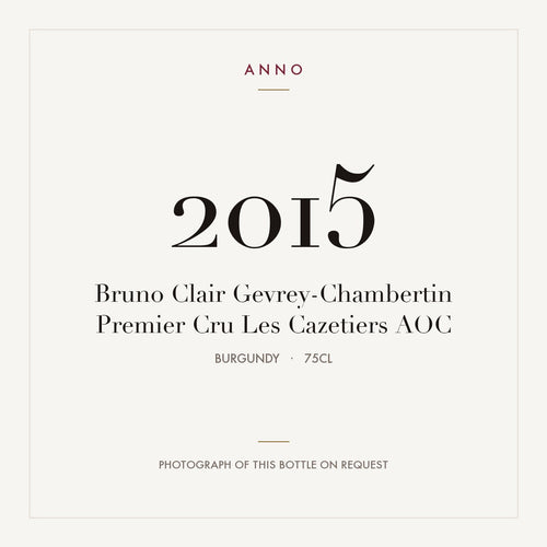 Bruno Clair Gevrey-Chambertin Premier Cru Les Cazetiers 2015 AOC 0,75l from Burgundy — ANNO vintage card; photograph of the actual bottle available on request
