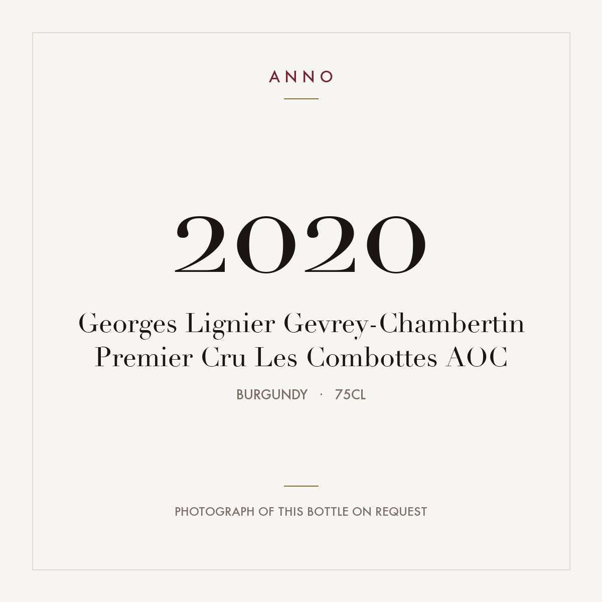 Georges Lignier Gevrey-Chambertin Premier Cru Les Combottes 2020 AOC 0,75l from Burgundy — ANNO vintage card; photograph of the actual bottle available on request