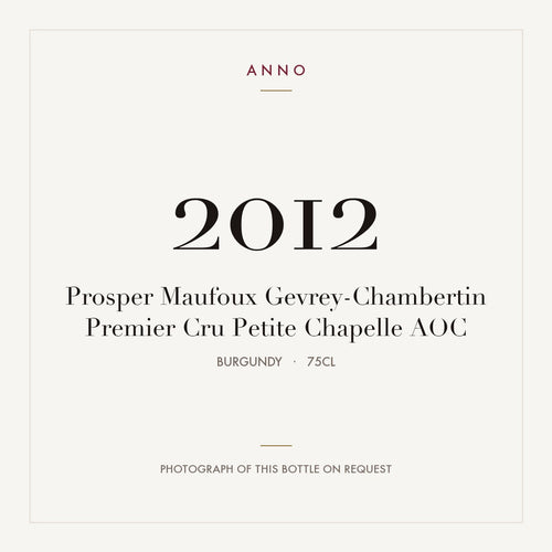 Prosper Maufoux Gevrey-Chambertin Premier Cru Petite Chapelle 2012 AOC 0,75l from Burgundy — ANNO vintage card; photograph of the actual bottle available on request