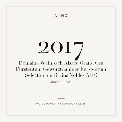 Domaine Weinbach Alsace Grand Cru Furstentum Gewurztraminer Furstentum Selection de Grains Nobles 2017 AOC 0,75l from Alsace — ANNO vintage card; photograph of the actual bottle available on request