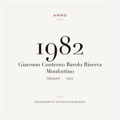 Giacomo Conterno Barolo Riserva Monfortino 1982 DOCG 1,5l — tarjeta de añada ANNO; foto de la botella real disponible bajo petición