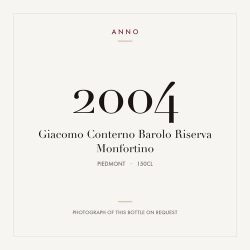 Giacomo Conterno Barolo Riserva Monfortino 2004 1,5l — ANNO-årgangskort; foto af den faktiske flaske på forespørgsel