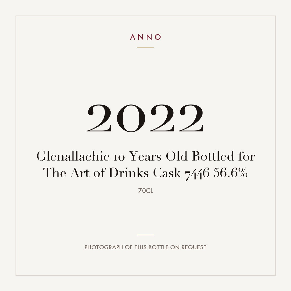Glenallachie 10 Years Old Bottled for The Art of Drinks Cask 7446 2022 0,7l — ANNO vintage card; photograph of the actual bottle available on request
