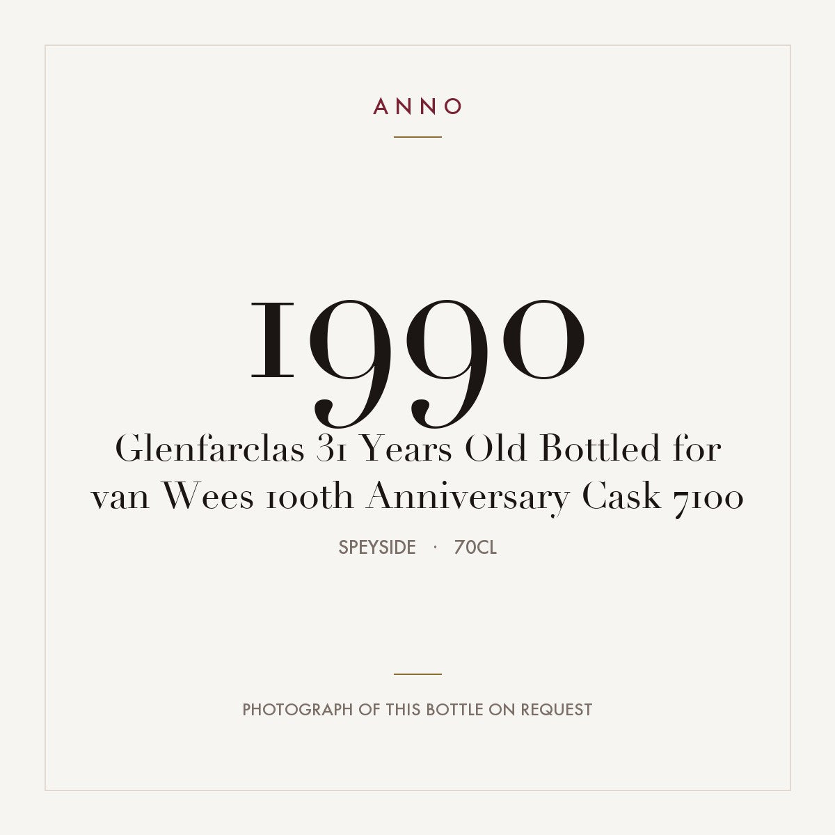 Glenfarclas 31 Years Old Bottled for van Wees 100th Anniversary Cask 7100 1990 0,7l from Speyside — ANNO vintage card; photograph of the actual bottle available on request