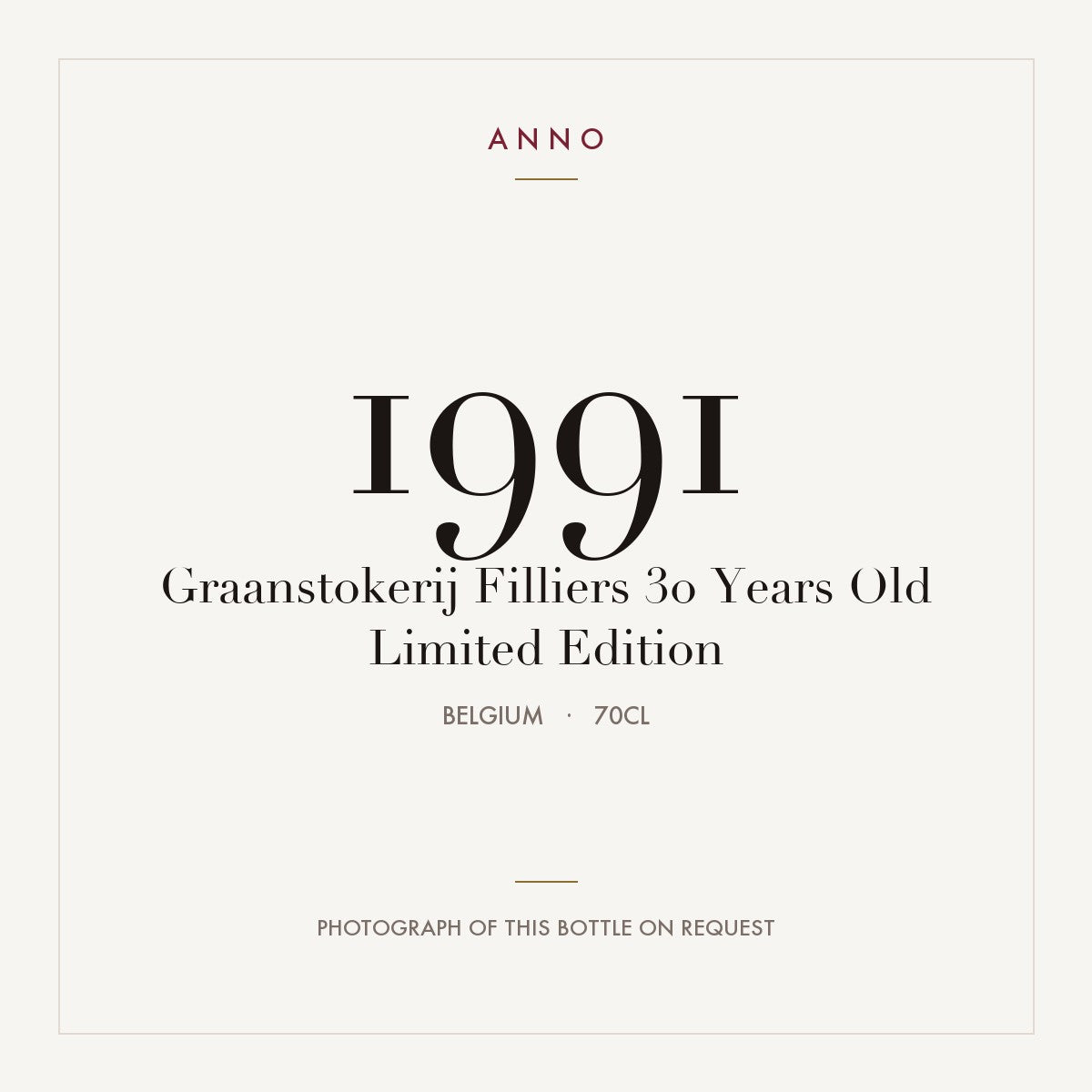 Graanstokerij Filliers 30 Years Old Limited Edition 1991 0,7l from Belgium — ANNO vintage card; photograph of the actual bottle available on request