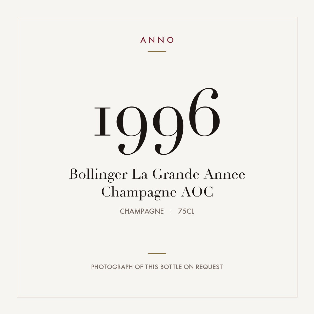 Bollinger La Grande Annee Champagne 1996 AOC 0,75l, Champagne — ANNO-årgangskort; foto af den faktiske flaske på forespørgsel
