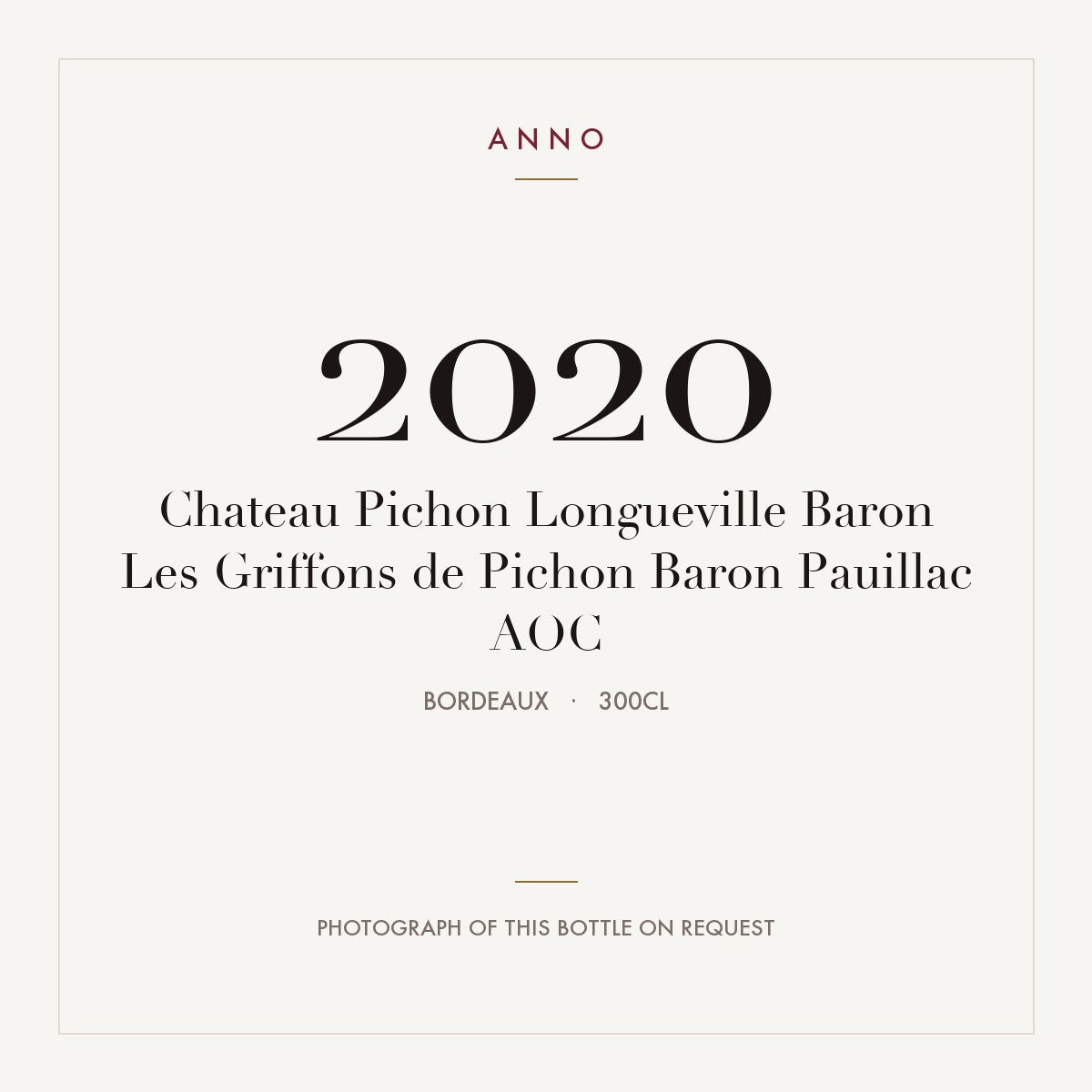 Chateau Pichon Longueville Baron Les Griffons de Pichon Baron Pauillac 2020 AOC 3l, Bordéus — cartão de colheita ANNO; fotografia da garrafa real disponível a pedido