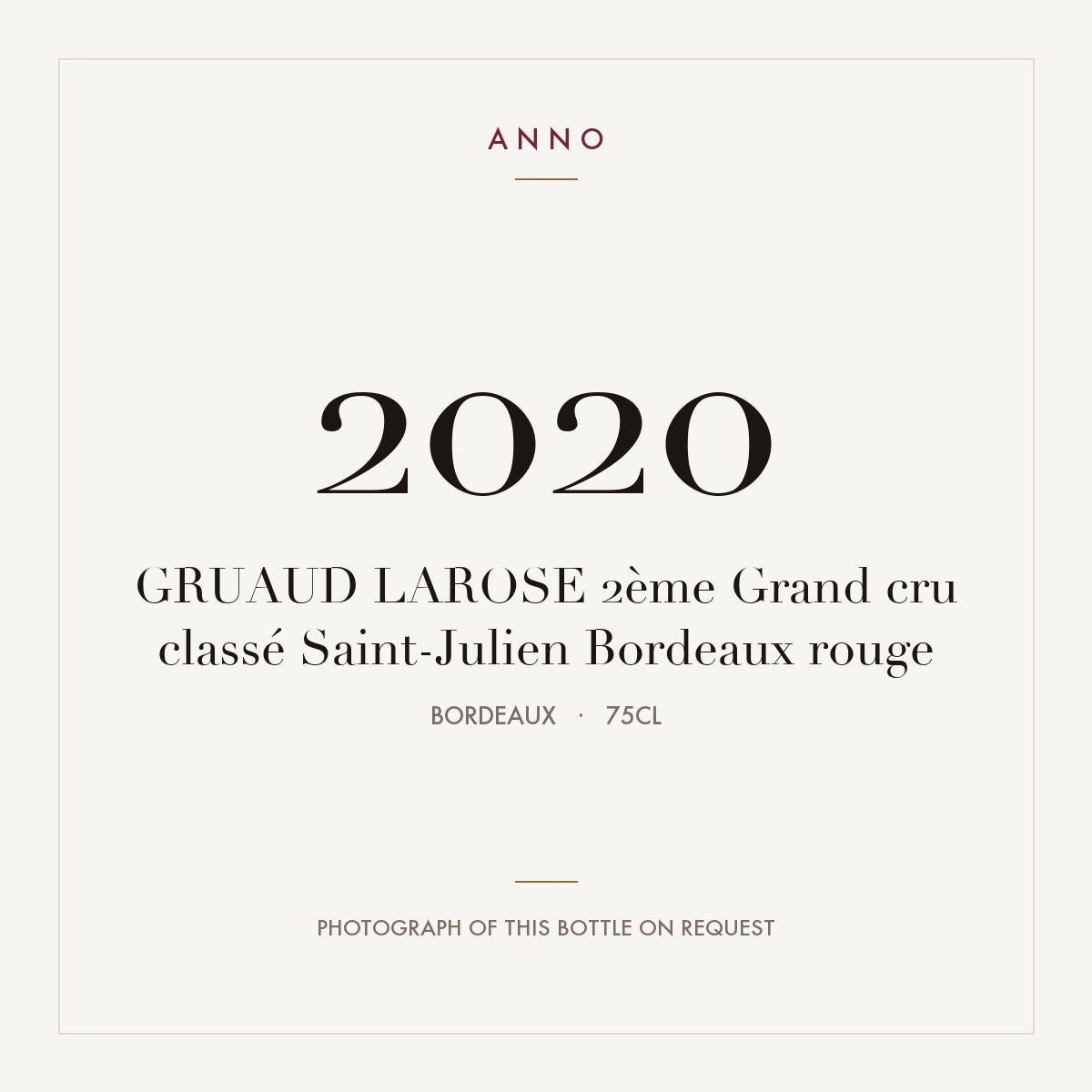Chateau Gruaud Larose Saint-Julien 2020 AOC 0,75l — ANNO vintage card; photograph of the actual bottle available on request