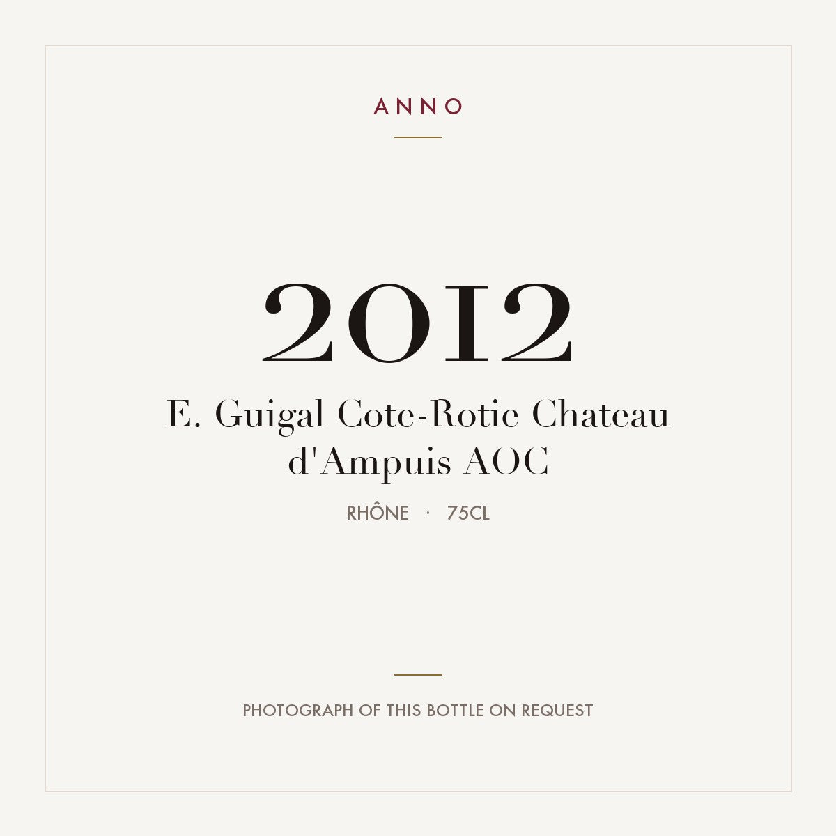 E. Guigal Cote-Rotie Chateau d'Ampuis 2012 AOC 0,75l, Rhône — carte millésime ANNO ; photo de la bouteille réelle disponible sur demande