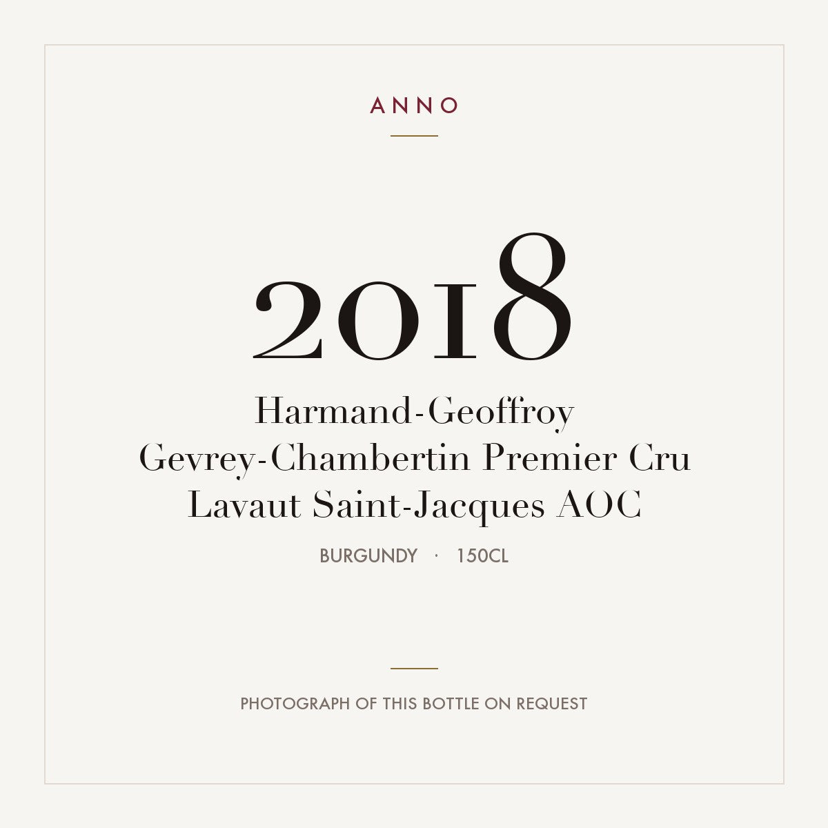 Harmand-Geoffroy Gevrey-Chambertin Premier Cru Lavaut Saint-Jacques 2018 AOC 1,5l, Borgogna — card dell'annata ANNO; foto della bottiglia reale disponibile su richiesta