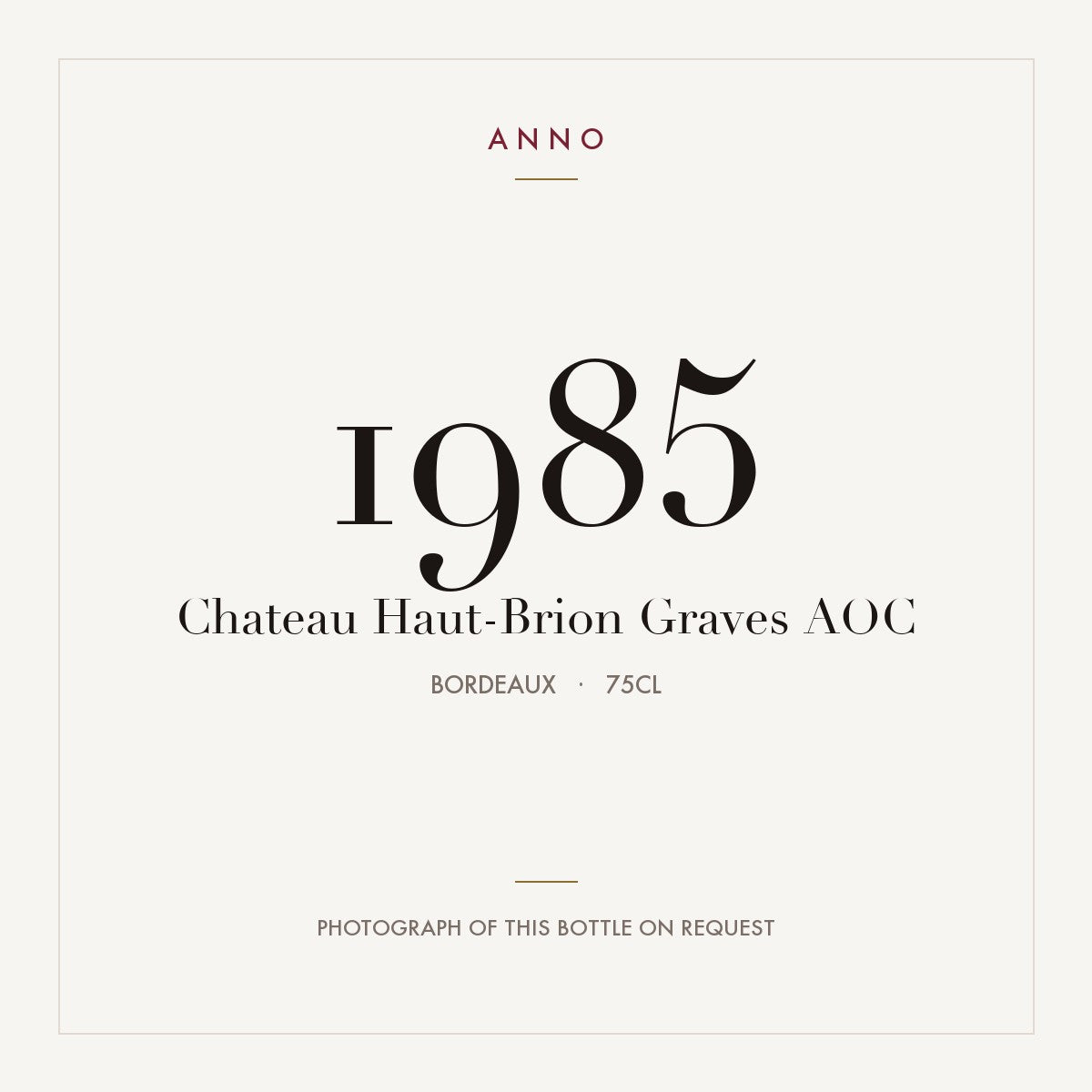 Chateau Haut-Brion Graves 1985 AOC 0,75l from Bordeaux — ANNO vintage card; photograph of the actual bottle available on request