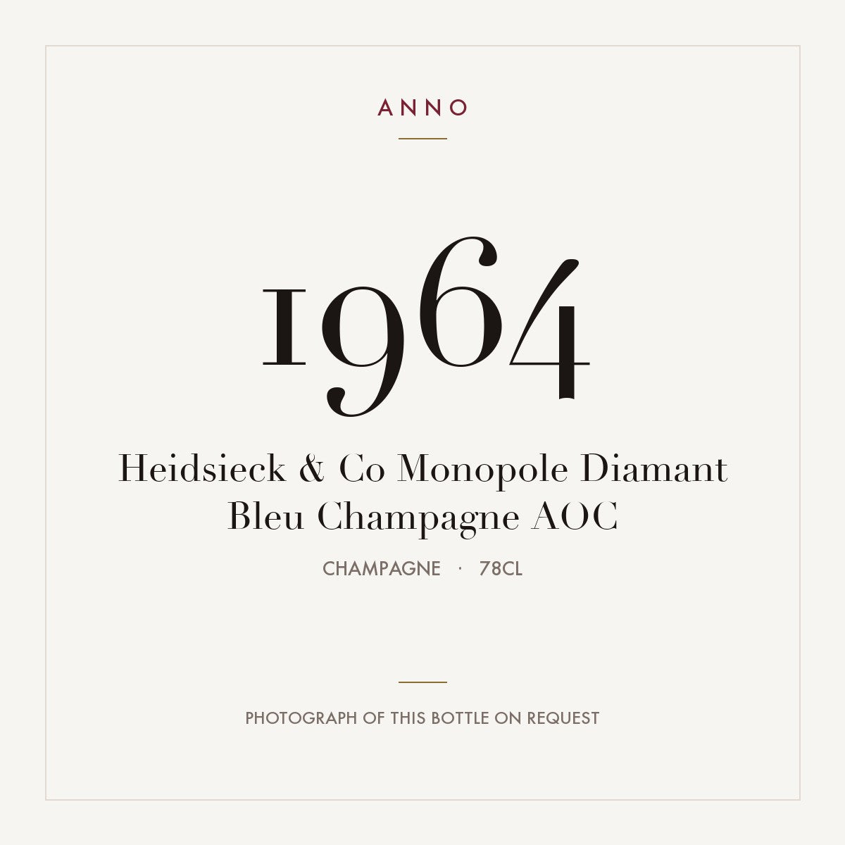 Heidsieck & Co Monopole Diamant Bleu Champagne 1964 AOC 0,78l, Champagne — ANNO-Jahrgangskarte; Foto der tatsächlichen Flasche auf Anfrage