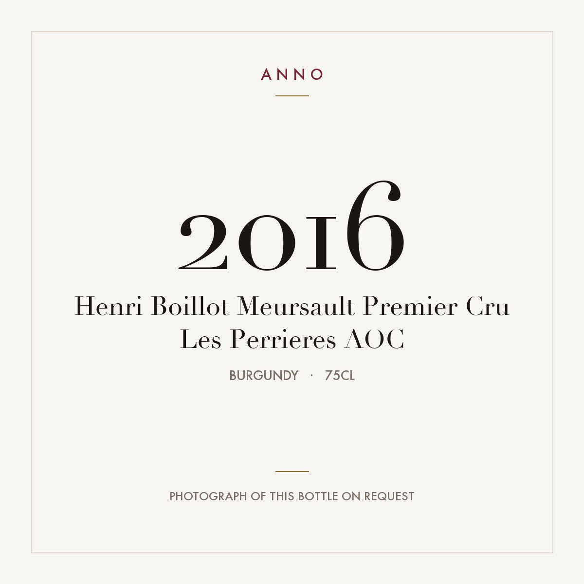 Henri Boillot Meursault Premier Cru Les Perrieres 2016 AOC 0,75l, Bourgogne — ANNO-årgangskort; foto af den faktiske flaske på forespørgsel