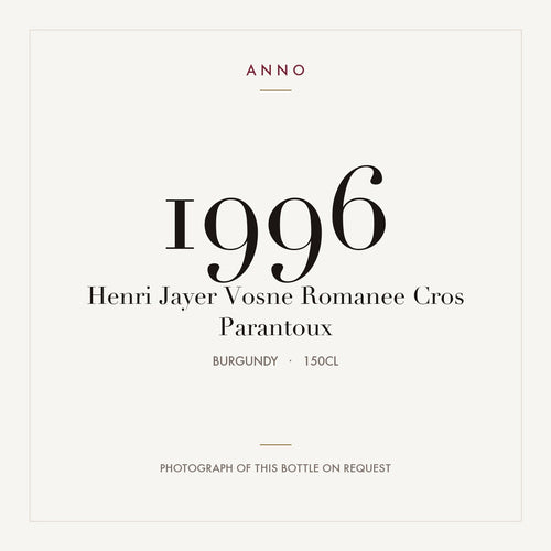 Henri Jayer Vosne Romanee Cros Parantoux 1996 1,5l — ANNO vintage card; photograph of the actual bottle available on request