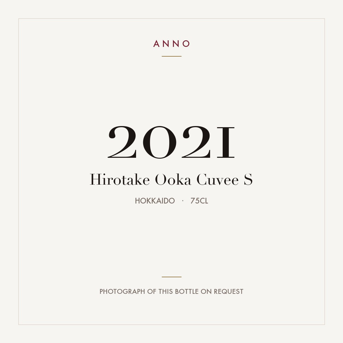 Hirotake Ooka Cuvee S 2021 0,75l, Hokkaido — card dell'annata ANNO; foto della bottiglia reale disponibile su richiesta