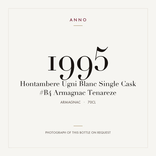 Hontambere Ugni Blanc Single Cask #B4 Armagnac Tenareze 1995 0,7l from Armagnac — ANNO vintage card; photograph of the actual bottle available on request