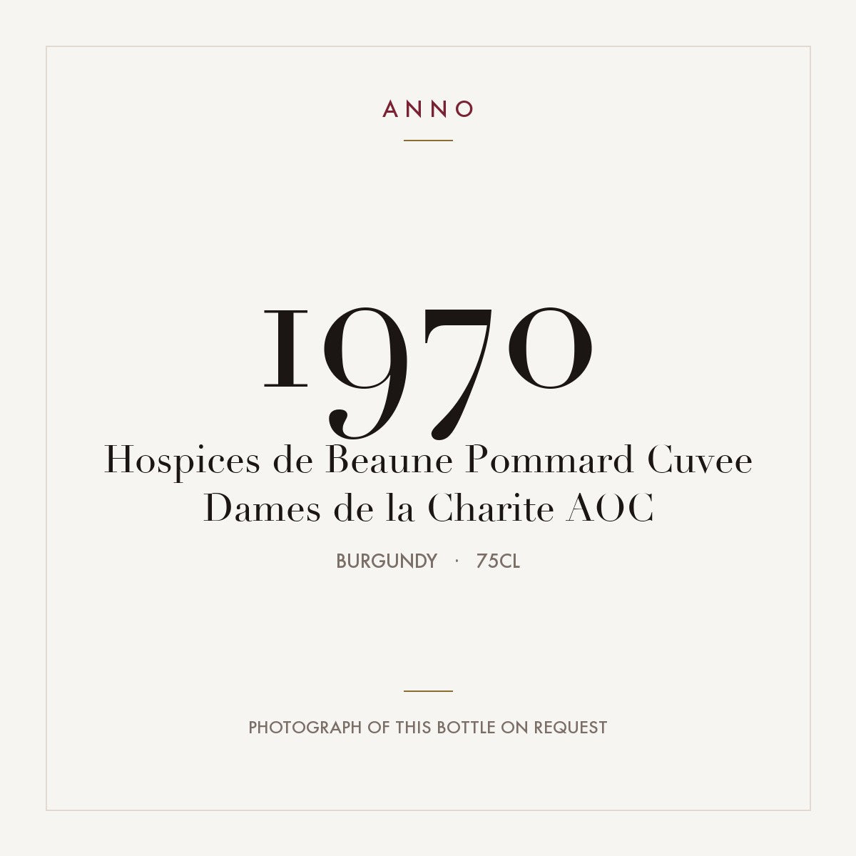Hospices de Beaune Pommard Cuvee Dames de la Charite 1970 AOC 0,75l from Burgundy — ANNO vintage card; photograph of the actual bottle available on request