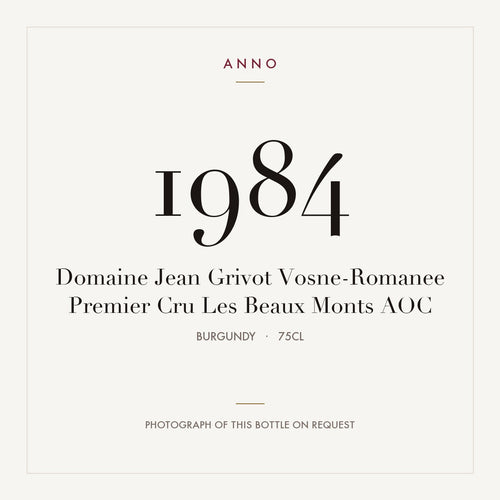 Domaine Jean Grivot Vosne-Romanee Premier Cru Les Beaux Monts 1984 AOC 0,75l, Бургундия — карточка урожая ANNO; фото настоящей бутылки по запросу