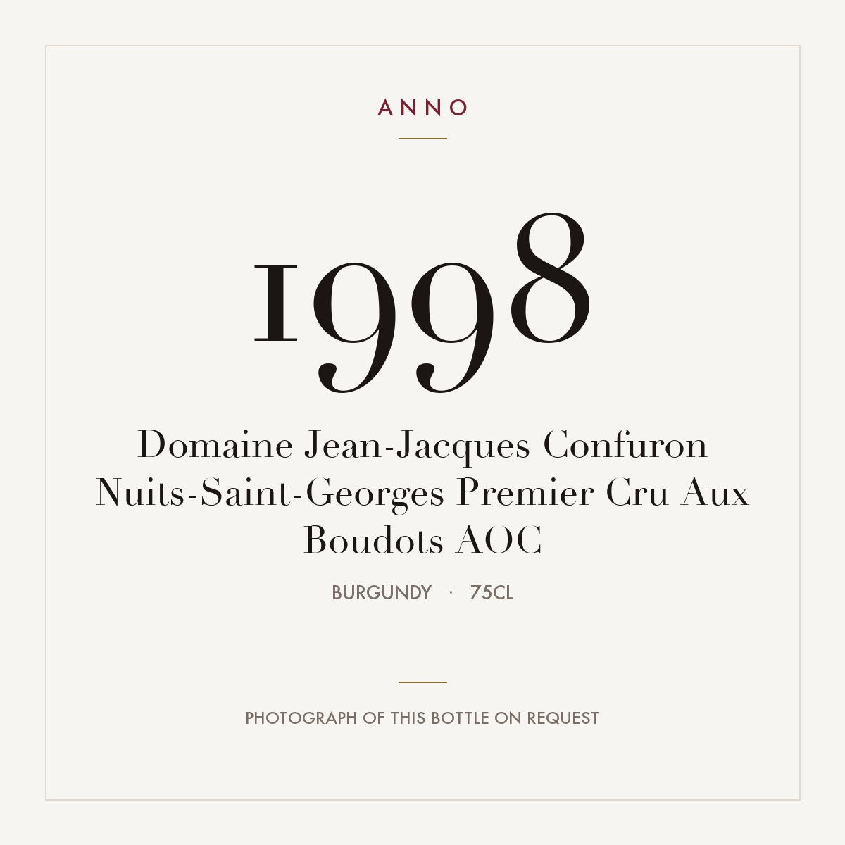 Domaine Jean-Jacques Confuron Nuits-Saint-Georges Premier Cru Aux Boudots 1998 AOC 0,75l, Бургундия — карточка урожая ANNO; фото настоящей бутылки по запросу