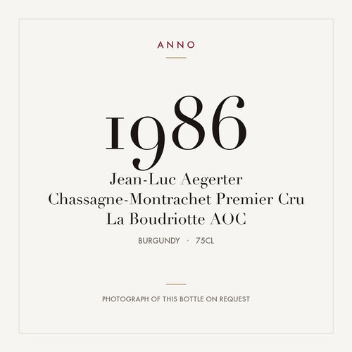Jean-Luc Aegerter Chassagne-Montrachet Premier Cru La Boudriotte 1986 AOC 0,75l from Burgundy — ANNO vintage card; photograph of the actual bottle available on request