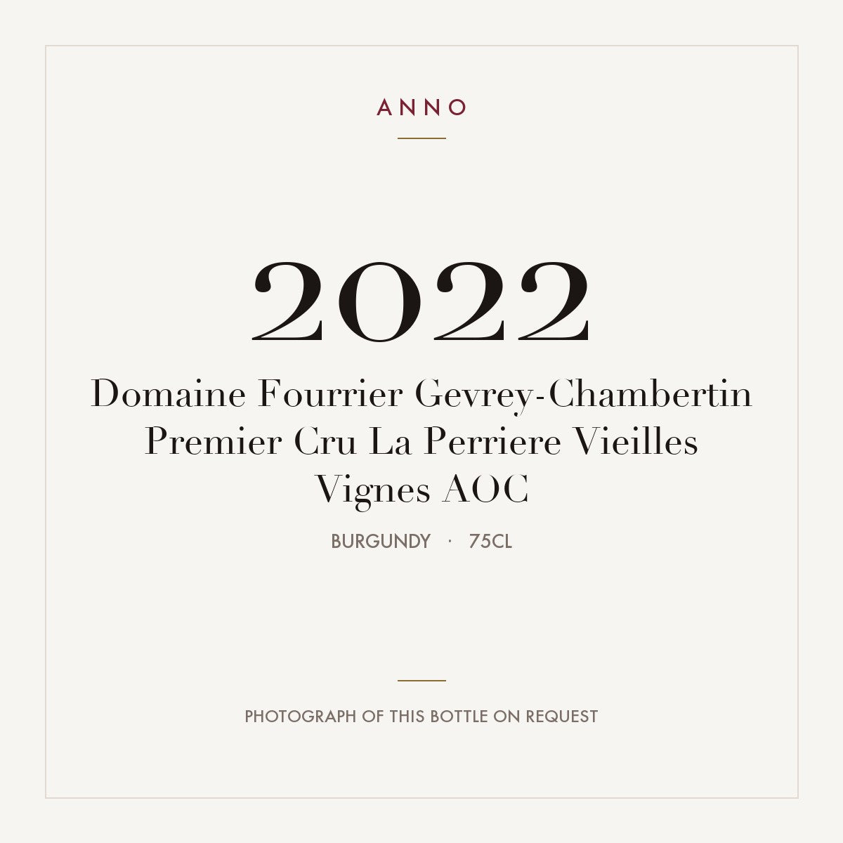Domaine Fourrier Gevrey-Chambertin Premier Cru La Perriere Vieilles Vignes 2022 AOC 0,75l, Burgund — ANNO-Jahrgangskarte; Foto der tatsächlichen Flasche auf Anfrage