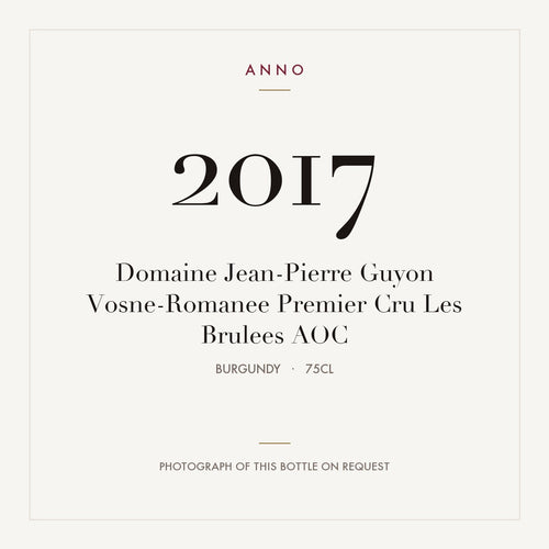 Domaine Jean-Pierre Guyon Vosne-Romanee Premier Cru Les Brulees 2017 AOC 0,75l, Bourgogne — carte millésime ANNO ; photo de la bouteille réelle disponible sur demande