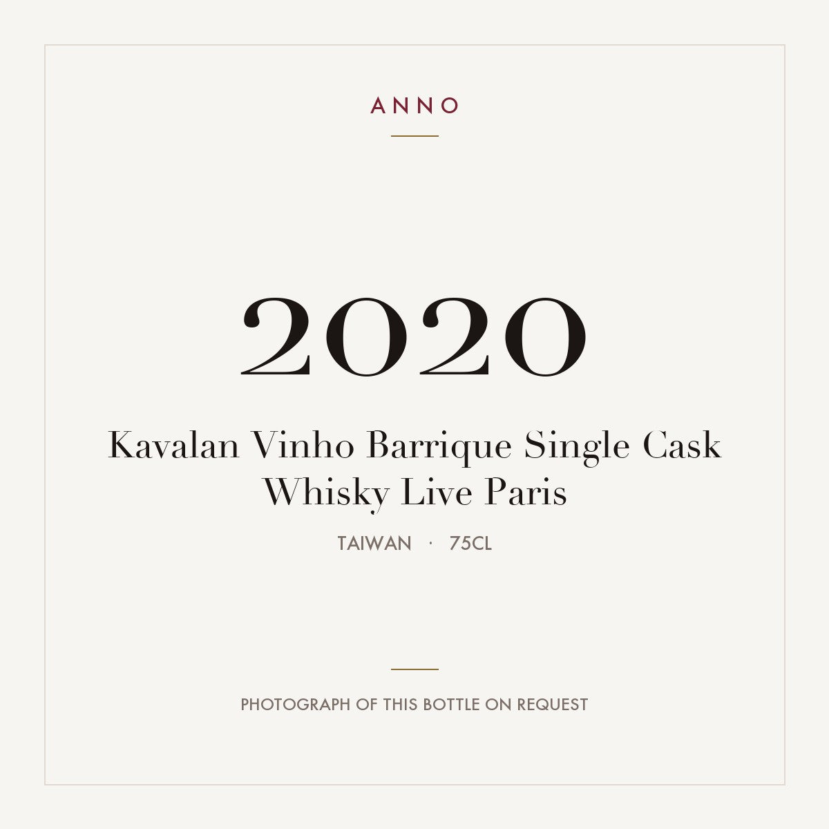 Kavalan Vinho Barrique Single Cask Whisky Live Paris 2020 0,75l from Taiwan — ANNO vintage card; photograph of the actual bottle available on request