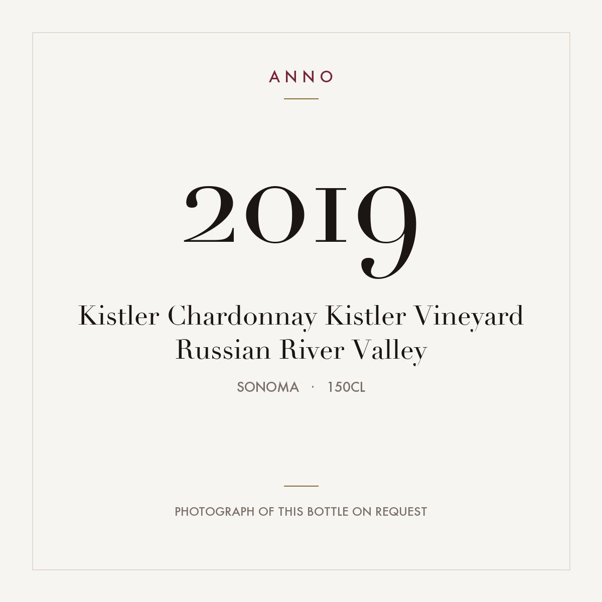 Kistler Chardonnay Kistler Vineyard Russian River Valley 2019 1,5l, Sonoma — cartão de colheita ANNO; fotografia da garrafa real disponível a pedido