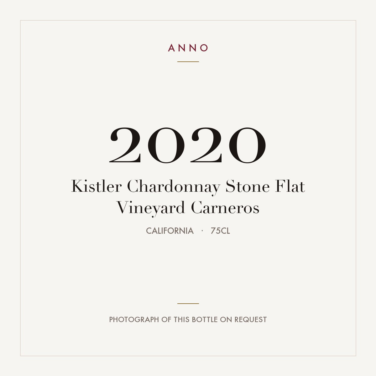 Kistler Chardonnay Stone Flat Vineyard Carneros 2020 0,75l, Califórnia — cartão de colheita ANNO; fotografia da garrafa real disponível a pedido