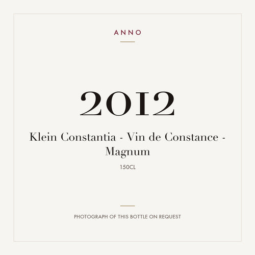 Klein Constantia Vin de Constance 2012 1,5l — cartão de colheita ANNO; fotografia da garrafa real disponível a pedido
