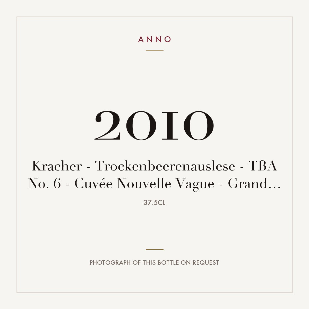 Kracher Trockenbeerenauslese No. 6 Cuvee Nouvelle Vague Grande Cuvee 2010 0,375l — ANNO vintage card; photograph of the actual bottle available on request