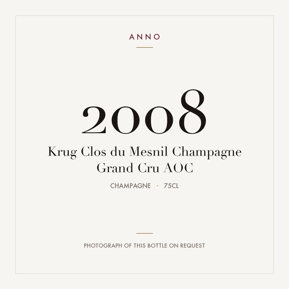 Krug Clos du Mesnil Champagne Grand Cru 2008 AOC 0,75l, Champagne — ANNO-Jahrgangskarte; Foto der tatsächlichen Flasche auf Anfrage